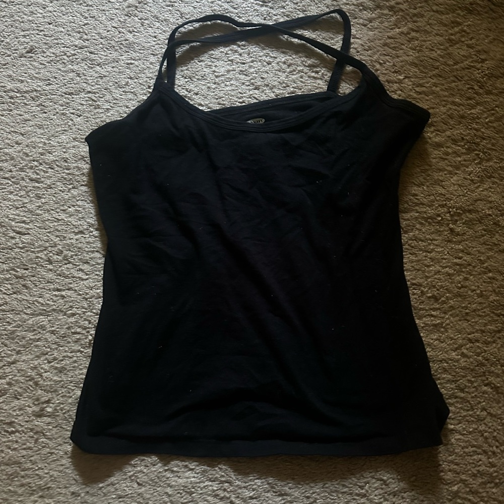 Old navy black fitted cross back tank top, size large